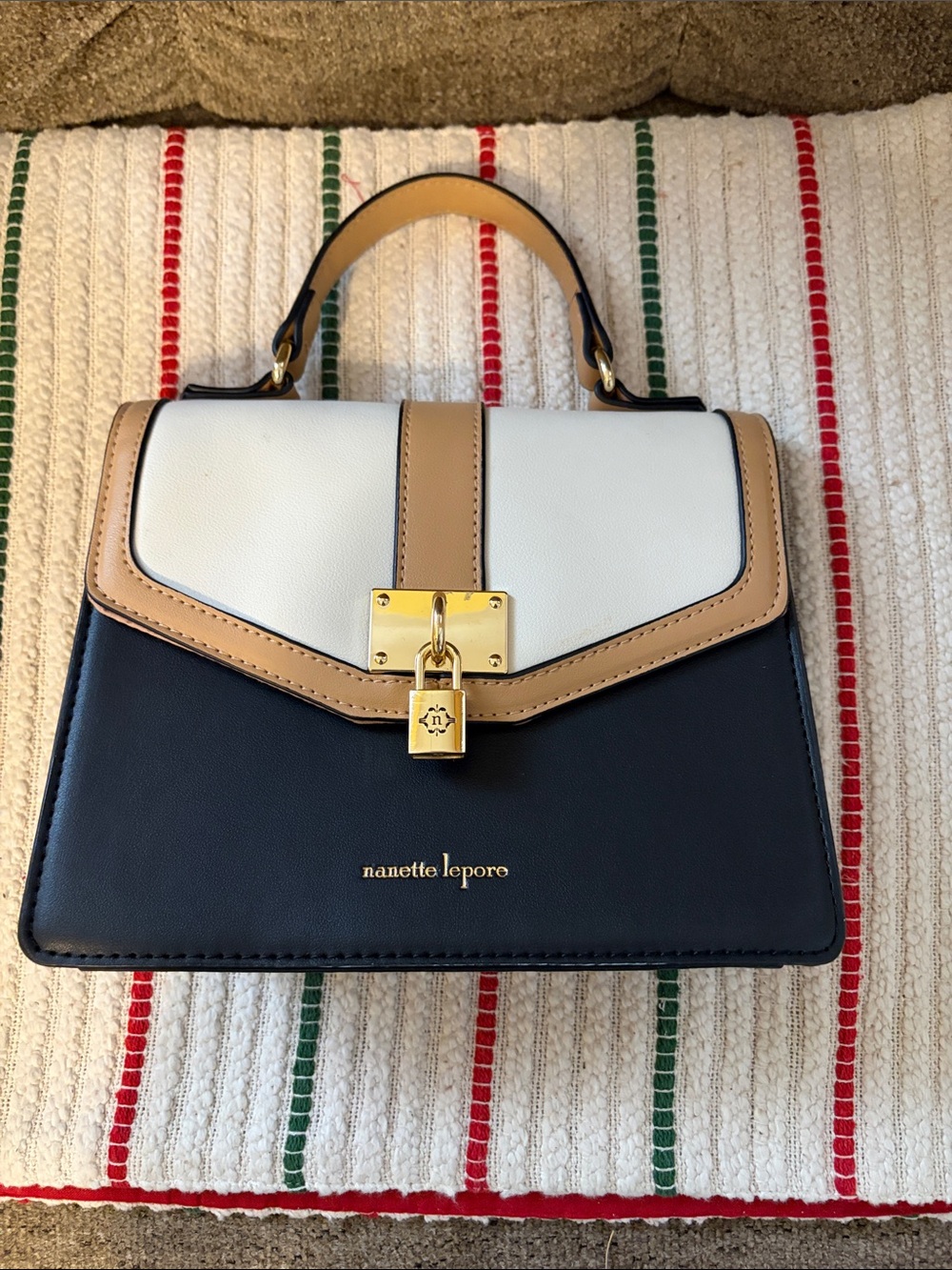 Nanette Lepore Navy, White & Tan Top-Handle Satchel